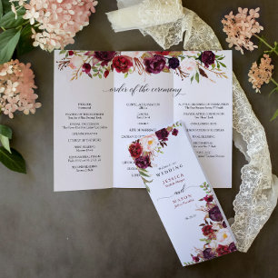 Editable Burgundy Marsala Tri-Fold-Bröllopsprogram Reklamblad