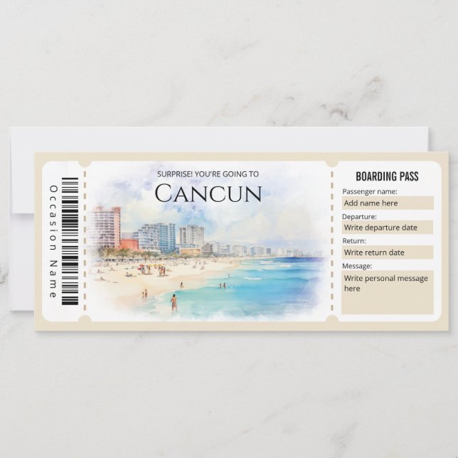 Editable Cancun Flygplan Boarding Pass Biljett Inbjudningar (Framsida)
