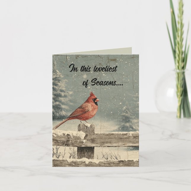 Editable Cardinal on a Fence in Winter Christmas Kort (Framsida)