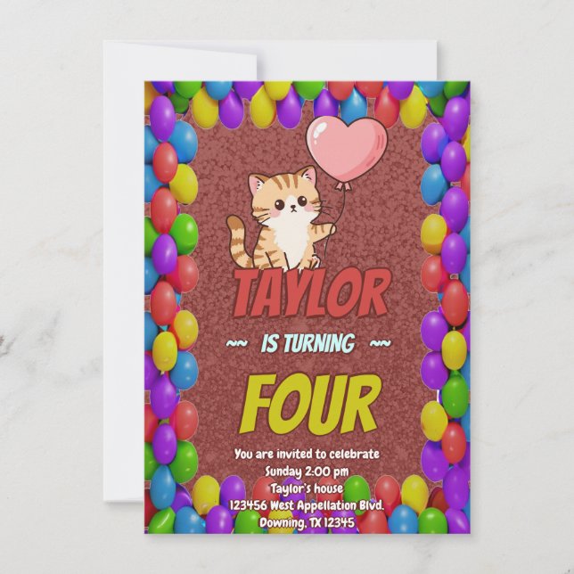 Editable Cat-Themed Birthday Invitation Balloon Inbjudningar (Framsida)