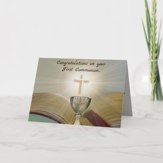 Editable Chalice och Kor First Communion Kort (Framsida)