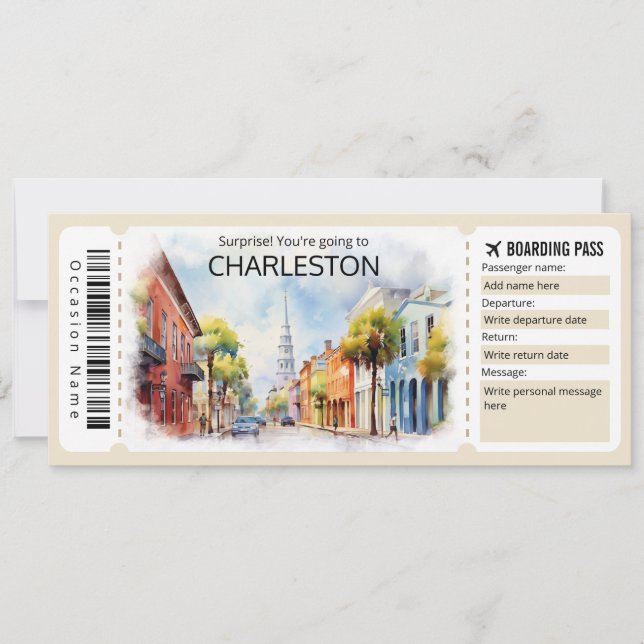 Editable Charleston Flygplan biljett, South Caroli Inbjudningar (Framsida)