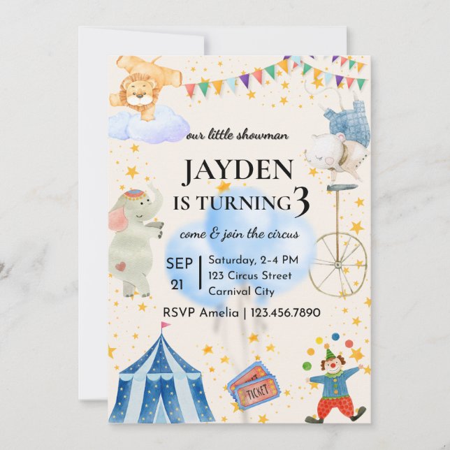 Editable Circus Birthday Invitation for Boys&Girls Inbjudningar (Framsida)