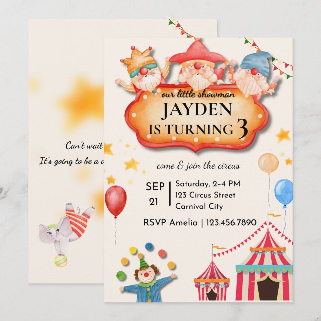 Editable Circus Birthday Invitation Inbjudningar (Fram/baksida)