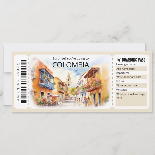 Editable Colombia Flygplan biljett, Colombia Resa Inbjudningar (Framsida)