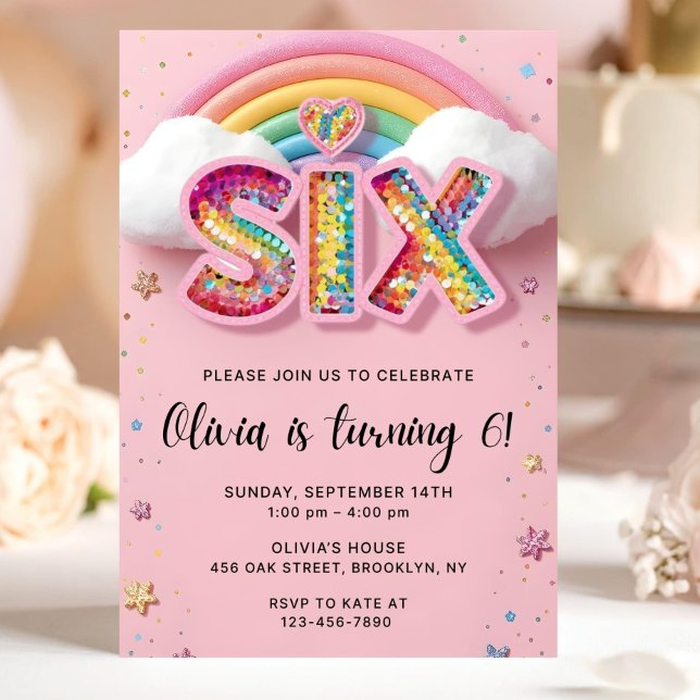 Editable Colorful Rainbow Sequin 6th Birthday Invi Inbjudningar (Skapare uppladdad)