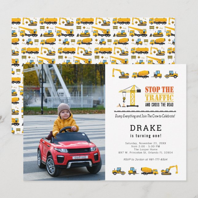 Editable Construction Lastbilar Theme Photo Birthd Inbjudningar (Fram/baksida)