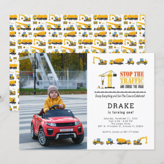 Editable Construction Lastbilar Theme Photo Birthd Inbjudningar
