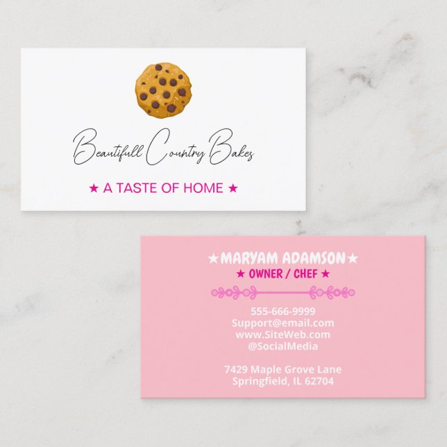 Editable Cookie Logo | White Pink Bakery Visitkort (Fram/baksida)