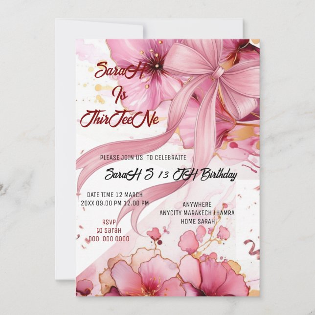 Editable Coquette Pink Bow Birthday Invitation, Pi Inbjudningar (Framsida)
