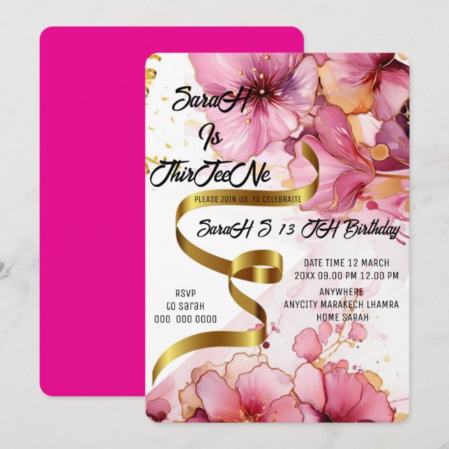 Editable Coquette Rosa Bow Birthday-inbjudan, Pi Inbjudningar (Fram/baksida)