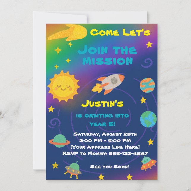 Editable Crayon Style – Solar System Birthday Inbjudningar (Framsida)