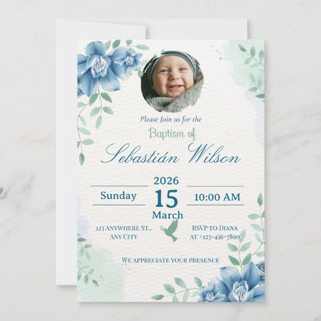 Editable Cute Baby Boy Baptism Inbjudningar (Framsida)