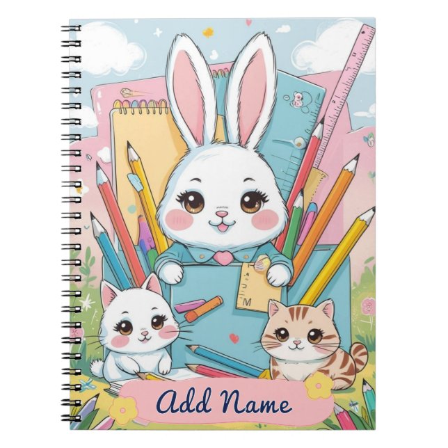 Editable Cute Bunny & Kittens skolanteckningsbok Anteckningsbok (Framsidan)