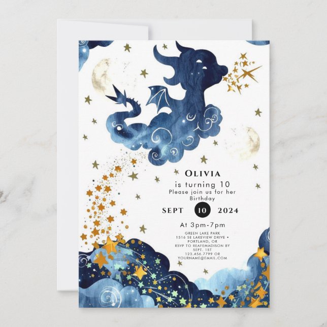 Editable Cute Dragon Birthday Inbjudningar (Framsida)