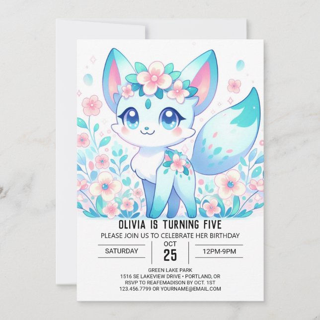 Editable Cute Fox Digital Birday Inbjudningar (Framsida)