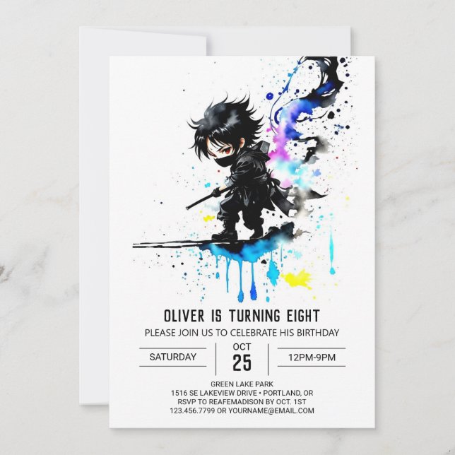 Editable Cute Ninja Boy Digital Birthday Inbjudningar (Framsida)