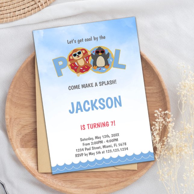 Editable Cute Summer Simma Party Inbjudan för barn (Penguin Pool Birthday Invitations)
