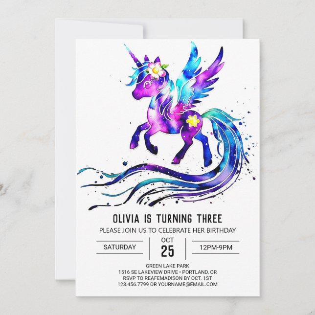 Editable Cute Unicorn Digital Birday Inbjudningar (Framsida)
