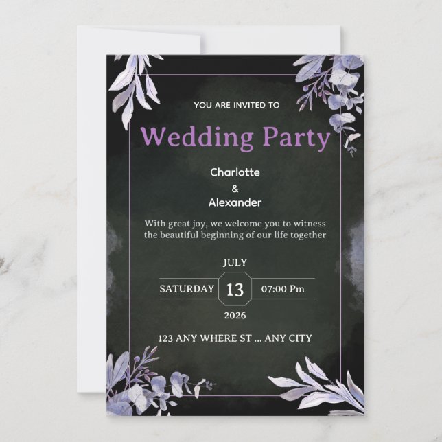 Editable Dark Botanical Wedding Invitation Inbjudningar (Framsida)