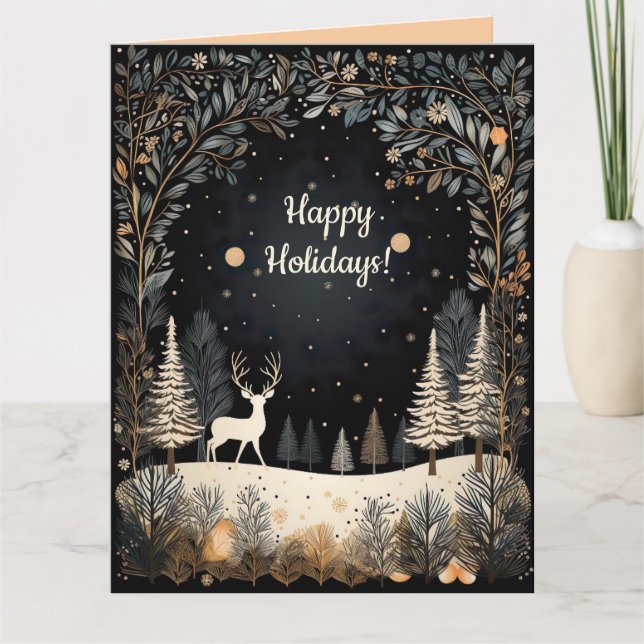 Editable Deer in the Woods Happy Holidays  Kort (Framsida)