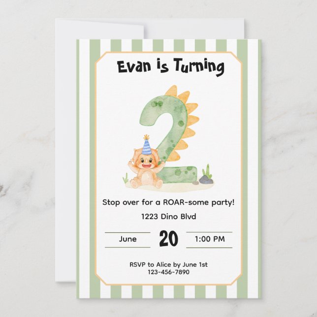 Editable Dinosaur 2nd Birthday Invitation  Inbjudningar (Framsida)