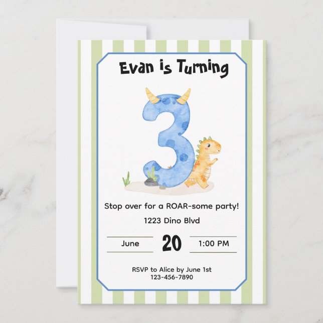 Editable Dinosaur 3rd Birthday Invitation  Inbjudningar (Framsida)