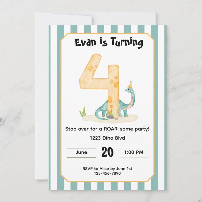 Editable Dinosaur 4th Birthday Invitation  Inbjudningar (Framsida)