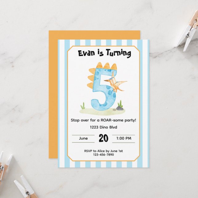 Editable Dinosaur 5th Birthday Invitation  Inbjudningar (Fram/Back In Situ)