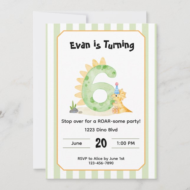 Editable Dinosaur 6th Birthday Invitation  Inbjudningar (Framsida)