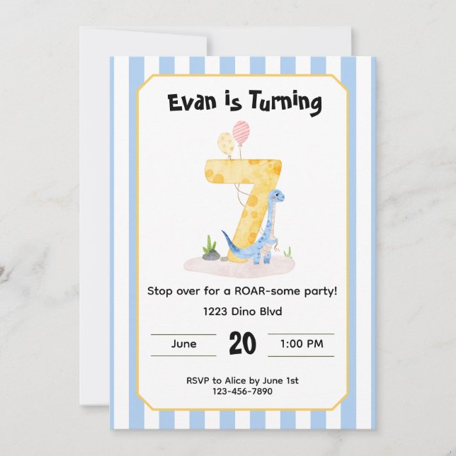Editable Dinosaur 7th Birthday Invitation  Inbjudningar (Framsida)