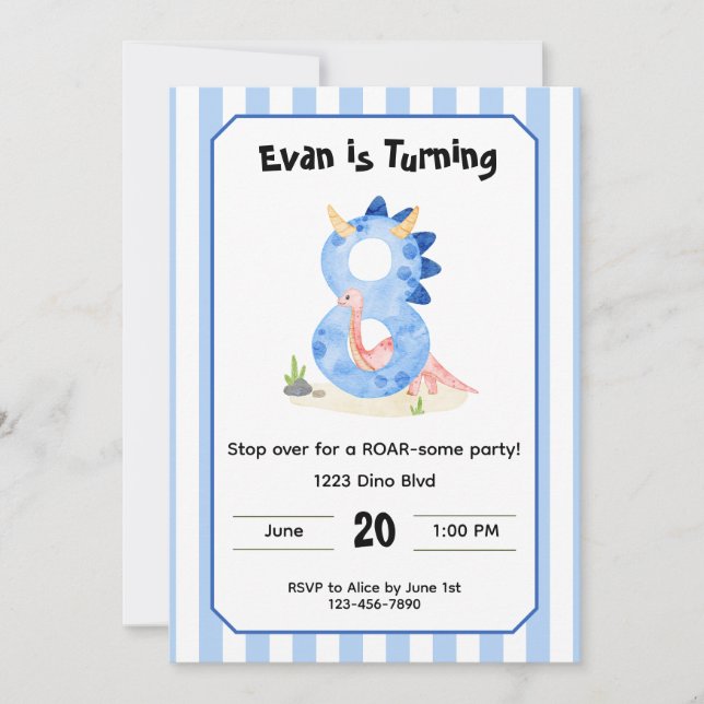 Editable Dinosaur 8th Birthday Invitation  Inbjudningar (Framsida)