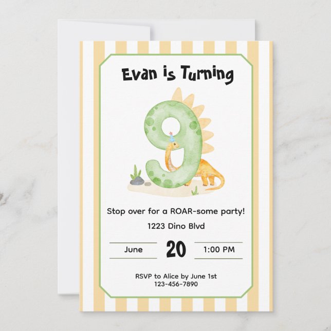 Editable Dinosaur 9th Birthday Invitation  Inbjudningar (Framsida)