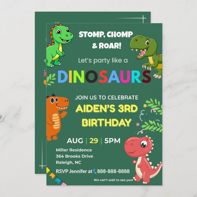 Editable Dinosaur Birthday Invitation Inbjudningar (Fram/baksida)