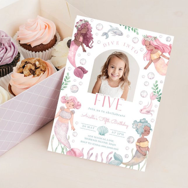 Editable Dive Into Five Mermaid Invitation Inbjudningar (Watercolor Mermaid 5th Birthday Invitation With Picture)