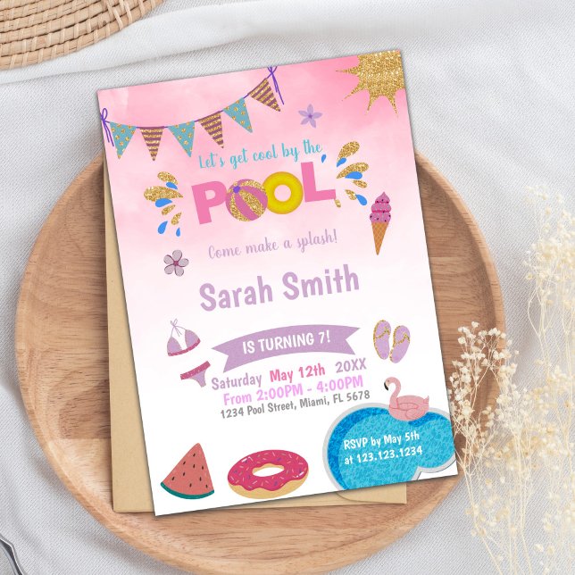 Editable Dreamy Summer Simma Party Inbjudan för fl (Pink Cloud Pool Birthday Invitations)