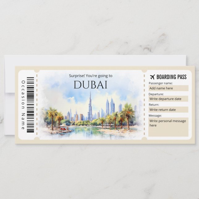 Editable Dubai Boarding Pass Flygplan biljett Inbjudningar (Framsida)