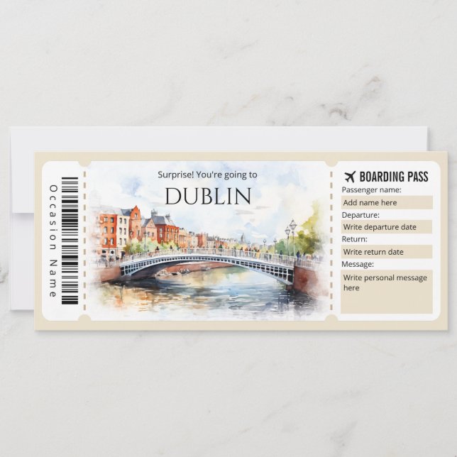 Editable Dublin Boarding Pass Flygplan biljett Inbjudningar (Framsida)