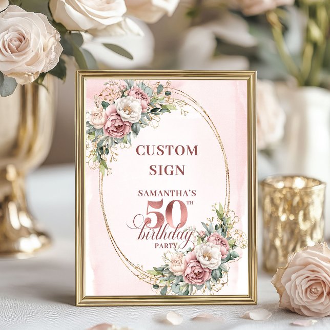 Editable Elegant Greenery 50 Birthday Custom Sign Poster (Editable Elegant Greenery 50th Birthday Custom Sign)