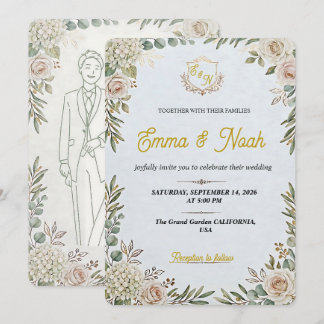 Editable Elegant Sage Gold Wedding Invitation Inbjudningar
