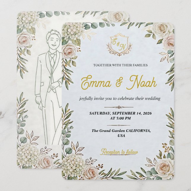Editable Elegant Sage Gold Wedding Invitation Inbjudningar (Fram/baksida)