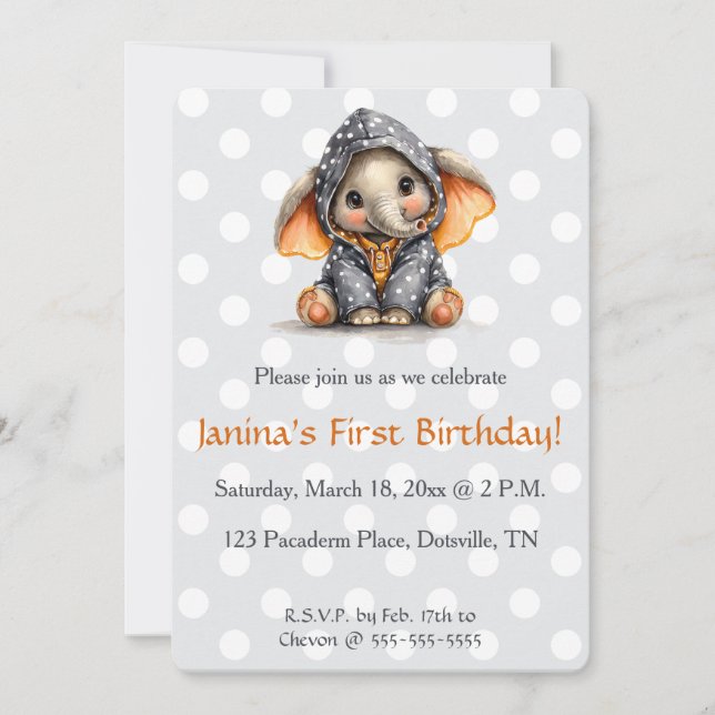 Editable Elephant in Polka Dots Birthday Inbjudningar (Framsida)