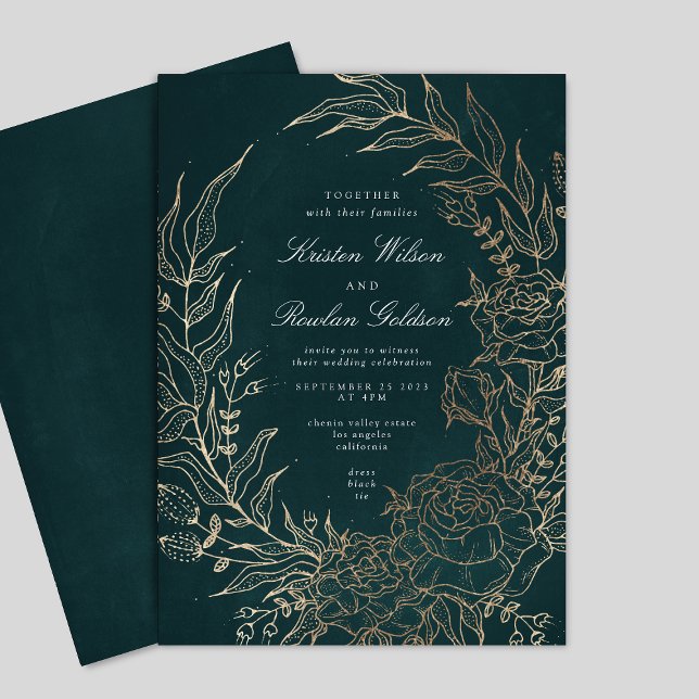 Editable Emerald Flower Wandan Gold Foil Bröllop Inbjudningar (Skapare uppladdad)