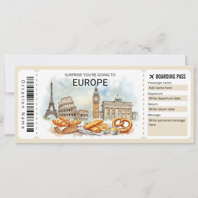 Editable Europe Trip Boarding Pass Ticket Inbjudningar (Framsida)