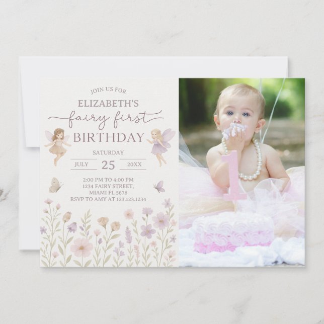 Editable Fairy First Birthday-inbjudan Inbjudningar (Framsida)