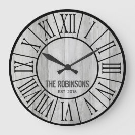 EDITABLE Family Farmhouse Clock - GRÅTT wood Stor Klocka
