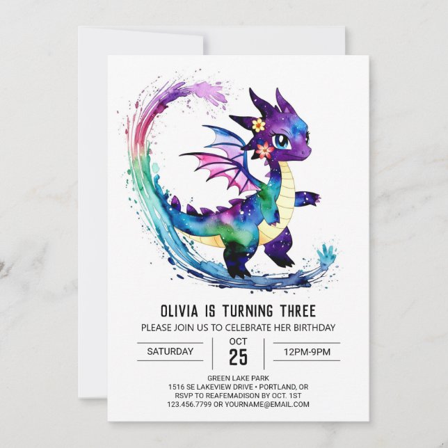 Editable Fantasy Dragon Digital Girl Birthday Inbjudningar (Framsida)