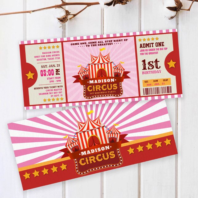 Editable Färg Circus Biljett Första födelsedag Inbjudningar (Skapare uppladdad)