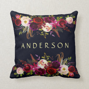 EDITABLE FÄRG Navy Burgundy Rustic Boho Blommigt Kudde