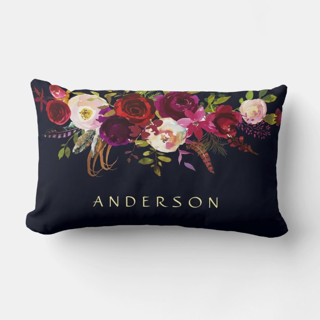 EDITABLE FÄRG Navy Marsala Rustic Boho Blommigt Lumbarkudde (Framsida)